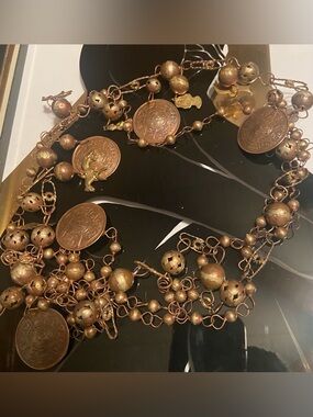 Estate Brass-Tone Coin & Bead Layered Necklace - Gold